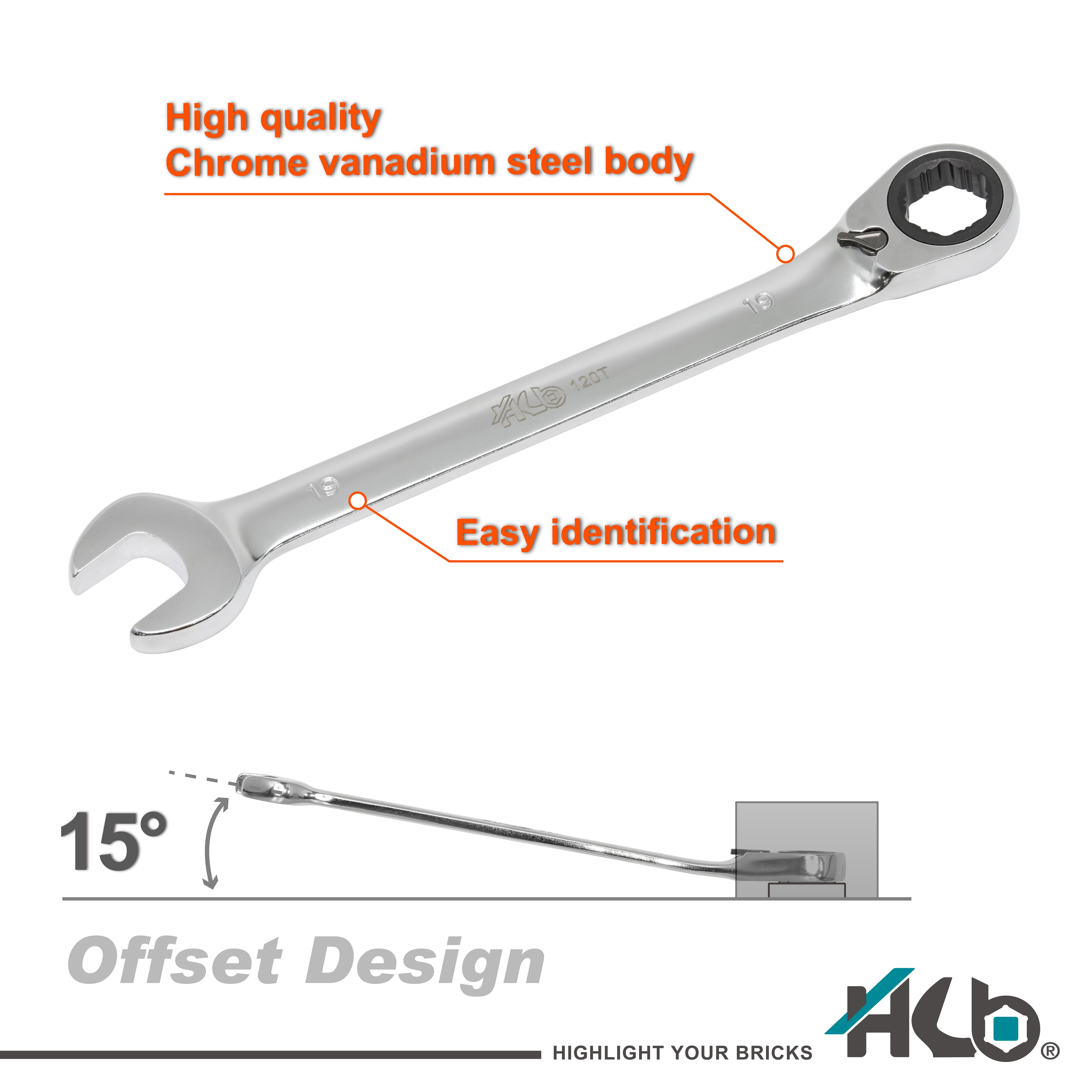 HB 7-Piece Ratchet Wrench Set WGM002-U | 90T & 120T Non-Slip Reversible Metric Wrenches 8–19mm | Patented Grip Plus Rounded Bolt Remover | Chrome Vanadium Steel Storage Rack Made in Taiwan