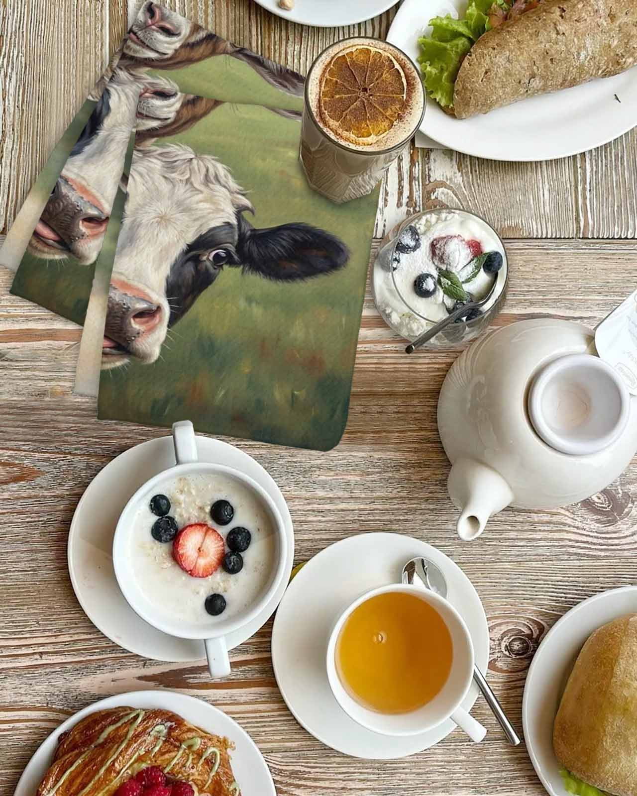 Farmhouse Animals Kitchen Dish Towels for Drying Dishes Set of 4, Country Cows Sheeps Roosters Farm Waffle Weave Microfiber Hand Tea Bathroom Towels Quick Dry & Absorbent Towel 15.7x23.6