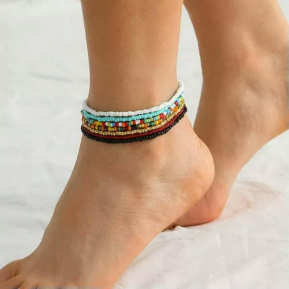 GKNET 2024 Boho Ankle Bracelet Multi Layer Beaded Anklet Adjustable Chain Foot Beach-7pcs Beads