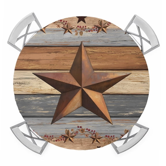 Western Texas Star Vintage Round Tablecloth for 45-54 Inch Tables,Fitted Table Cover with Elastic Edge,Retro Farmhouse Gray Brown Wooden Waterproof Outdoor Table Cloth Protector for Patio Dinner