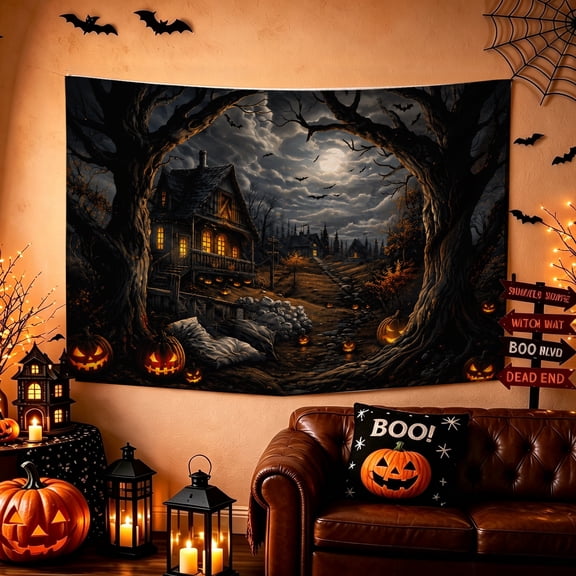 1pc Full Moon Haunted Forest Jack O Lantern Tapestry 74x72/80x72/86x72 inch Halloween Gothic Spooky Wall Decor