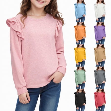 vigerkar Shirts for Girls Long Sleeve Casual Loose Fit Tunic Tops Solid Blouses (Grey 7-8 Years)