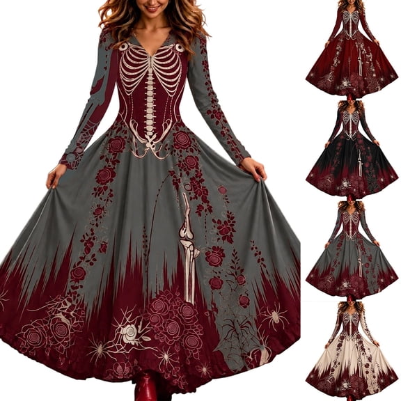 Xijirk Women V Neck Long Sleeve A Line Maxi Dress with Skeleton Corset Rose and Spider Web Print for Halloween Goth Party Evening Wear