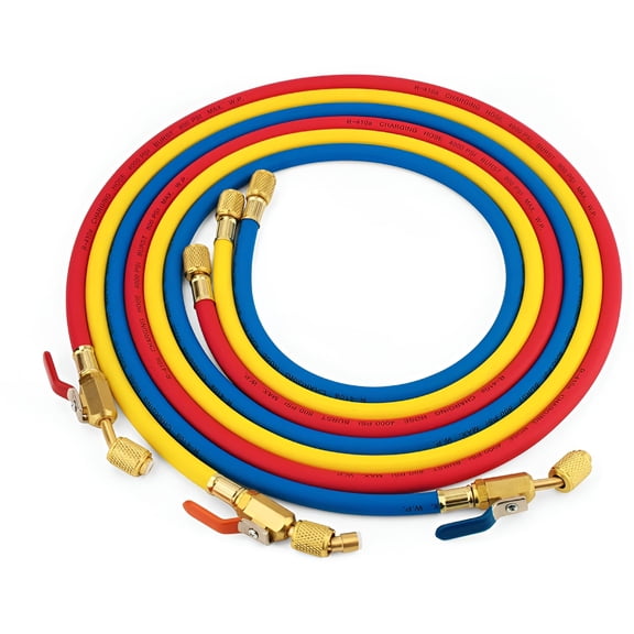 GJX Refrigeration Hoses with Ball Valves Replacement HVAC Hose Low Loss R410A,1/4" Charging Hoses,72in Length - 3 Pack (Blue Yellow Red)