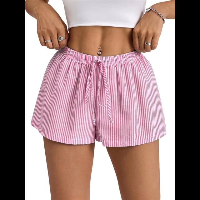 Pantalones Cortos Tipo Bóxer de Verano con Cintura Elástica, Cordón Ajustable y Estampado de Rayas para Mujer Rosa Roja M