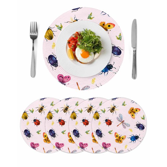 Cute Butterfly Dragonfly Round 15 Inch Placemats Set of 4, Farmhouse Botanical Floral Pink HeatResistant Non Slip Place Mats for Dining Table, Wipeable Braided Kitchen Table Mats for Housewarming