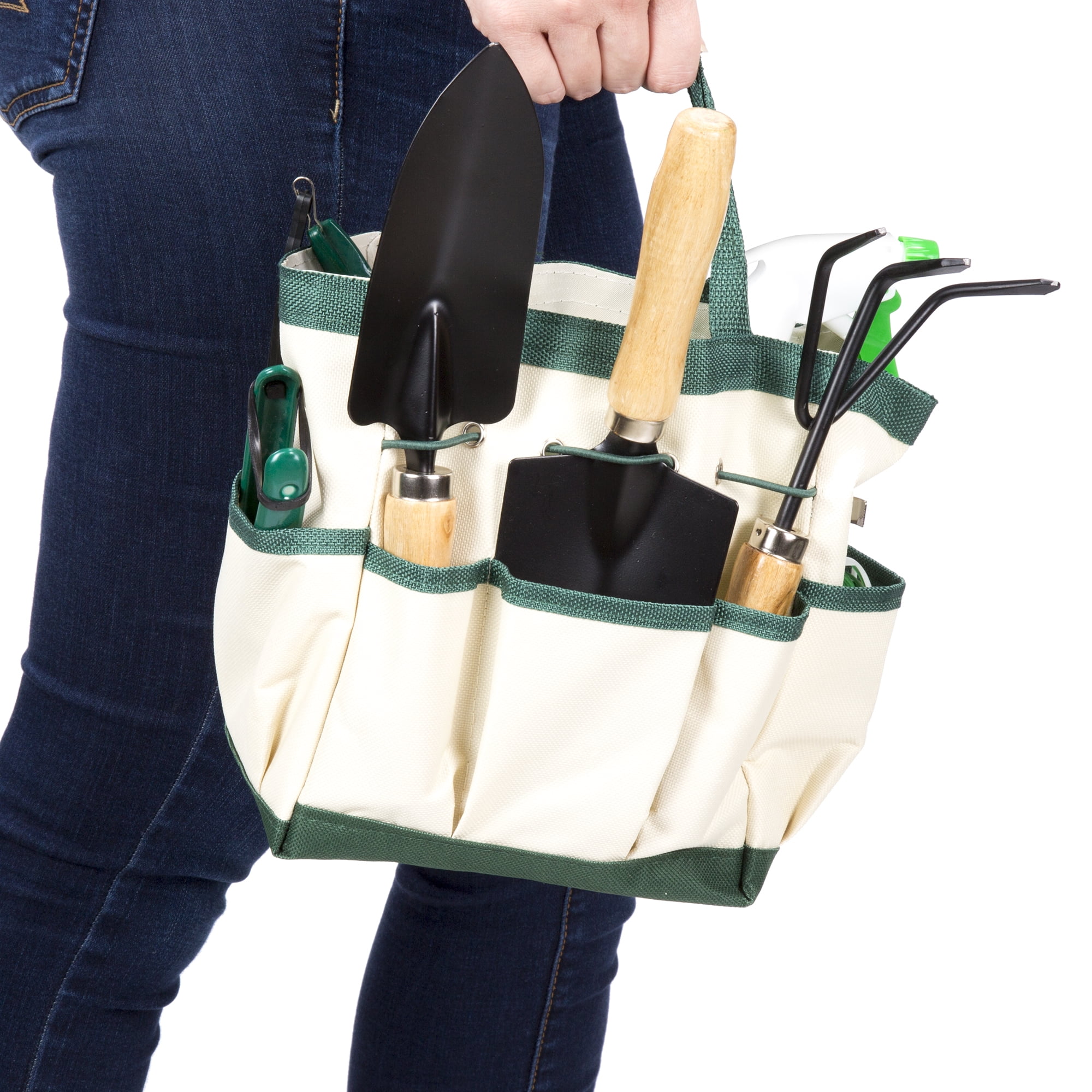 Pure Garden 8-Piece Gardening Hand Tool Set with Canvas Tote (Beige)
