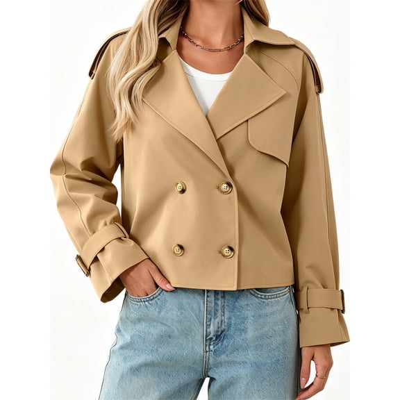 Long Sleeve Double Breasted Women Casual Trench Coat Crop Jacket