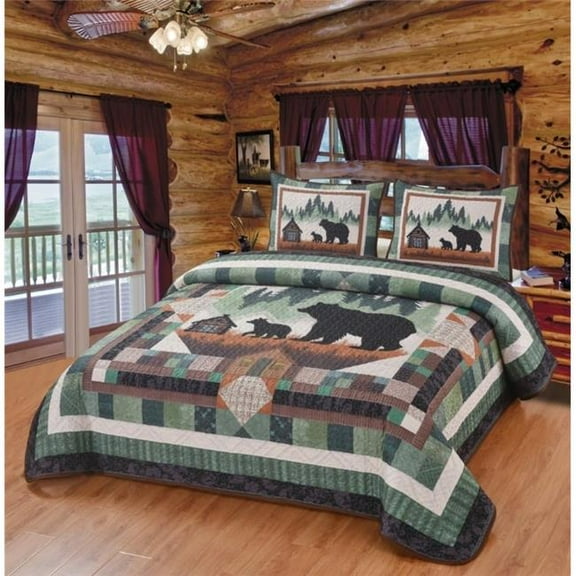 De Leon Collections 63876 Bear Cabin in the Pines Boho Nature Lodge Cabin Themed Patchwork Decorative Quilt Bedding Set / Size: King Quilt