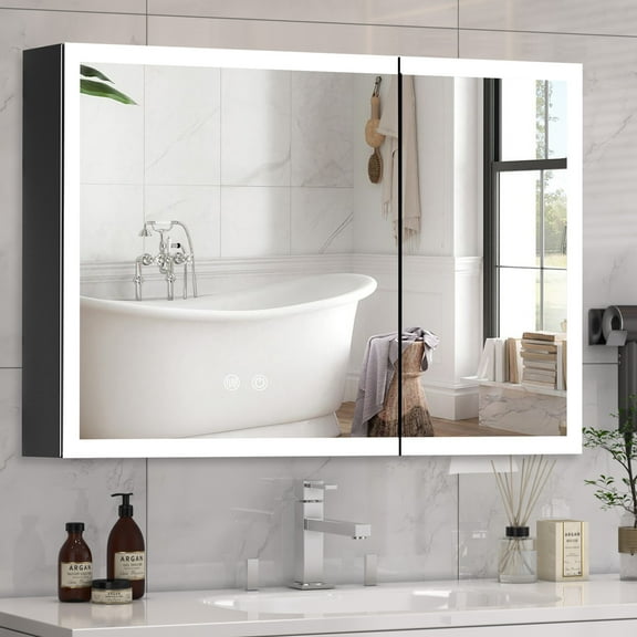 JBLCC LED Lighted Medicine Cabinet with Mirror, Wall Mounted Bathroom Cabinet with Touch Sensor, Anti-Fog, Black