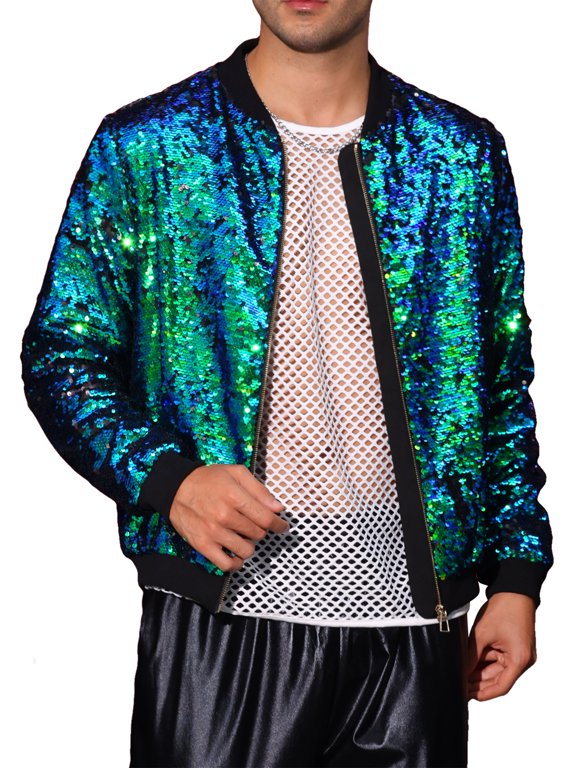 Shiny Sequin BomberJacket for Men's Zip Up Party Disco Metallic Varsity Jackets S Green