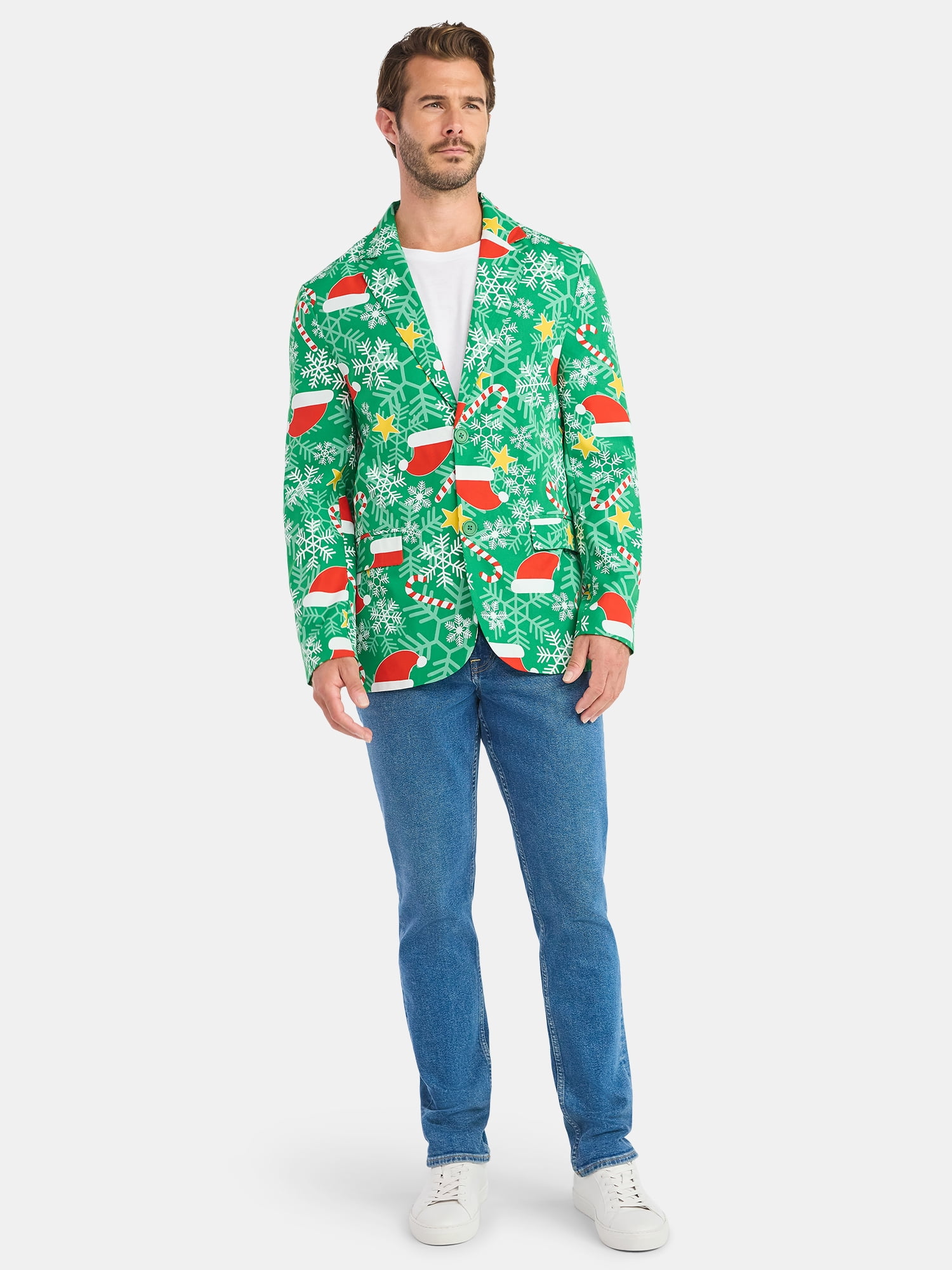 Jolly Knits Men's and Big Men's Christmas Holiday Print Suit Jacket Blazer, Sizes S-3XL