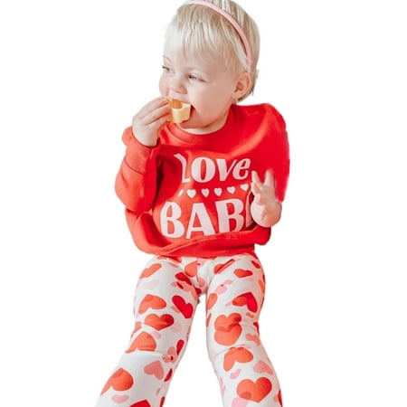 

Ma&Baby Toddler Girls Valentine s Day Outfits Long Sleeve Sweatshirt and Heart Print Flare Pants 2Pcs Suit
