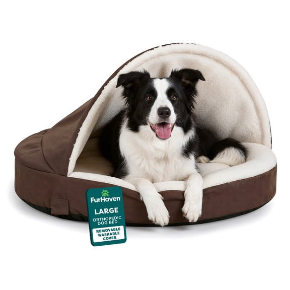 FurHaven Pet Dog Bed | Orthopedic Faux Sheepskin Snuggery Burrow Pet Bed for Dogs & Cats, Espresso, 35-Inch