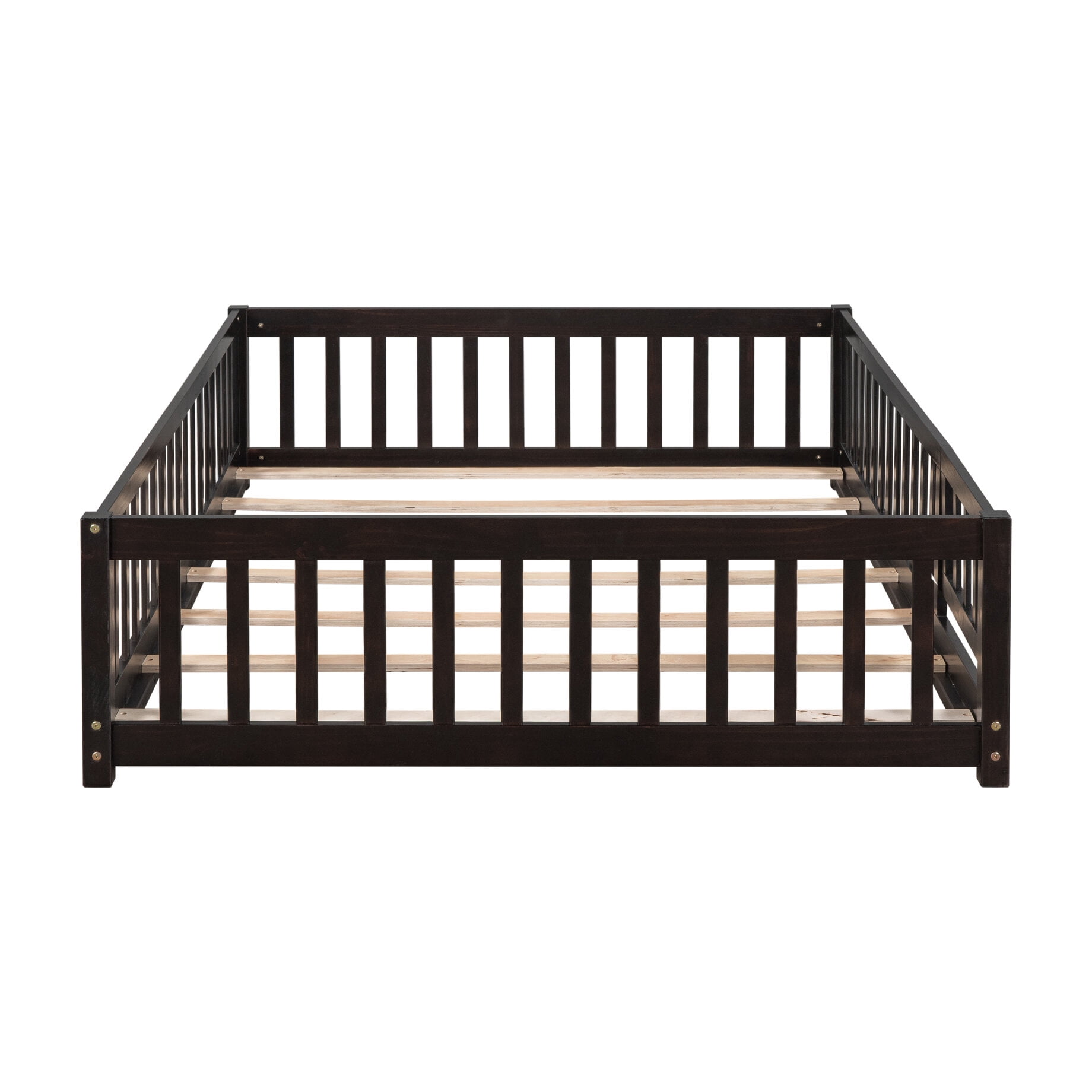 Kids Full Montessori Playpen Floor Bed Frame with Safety Guardrail Fence and Door for Boys Girls Toddlers Baby, 200lbs Load 79.5x41.8x17.5inch, Espresso