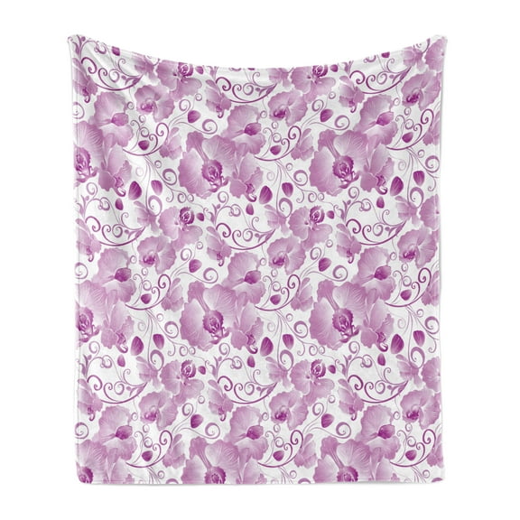 Orchid Soft Flannel Fleece Throw Blanket, Ornate Flower Blooms with Curly Leaves Petals Spring Inspired Exotic, Cozy Plush for Indoor and Outdoor Use, 50" x 60", Lilac Magenta White, by Ambesonne