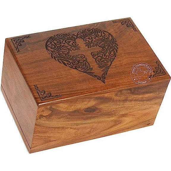 Rosewood Top Border Engraved Wooden Cremation Urns for Human Ashes Adult - Handcrafted Funeral Memorial Ashes Urn - Columbarium Urn (Heart Cross, 250 Cubic Inches)