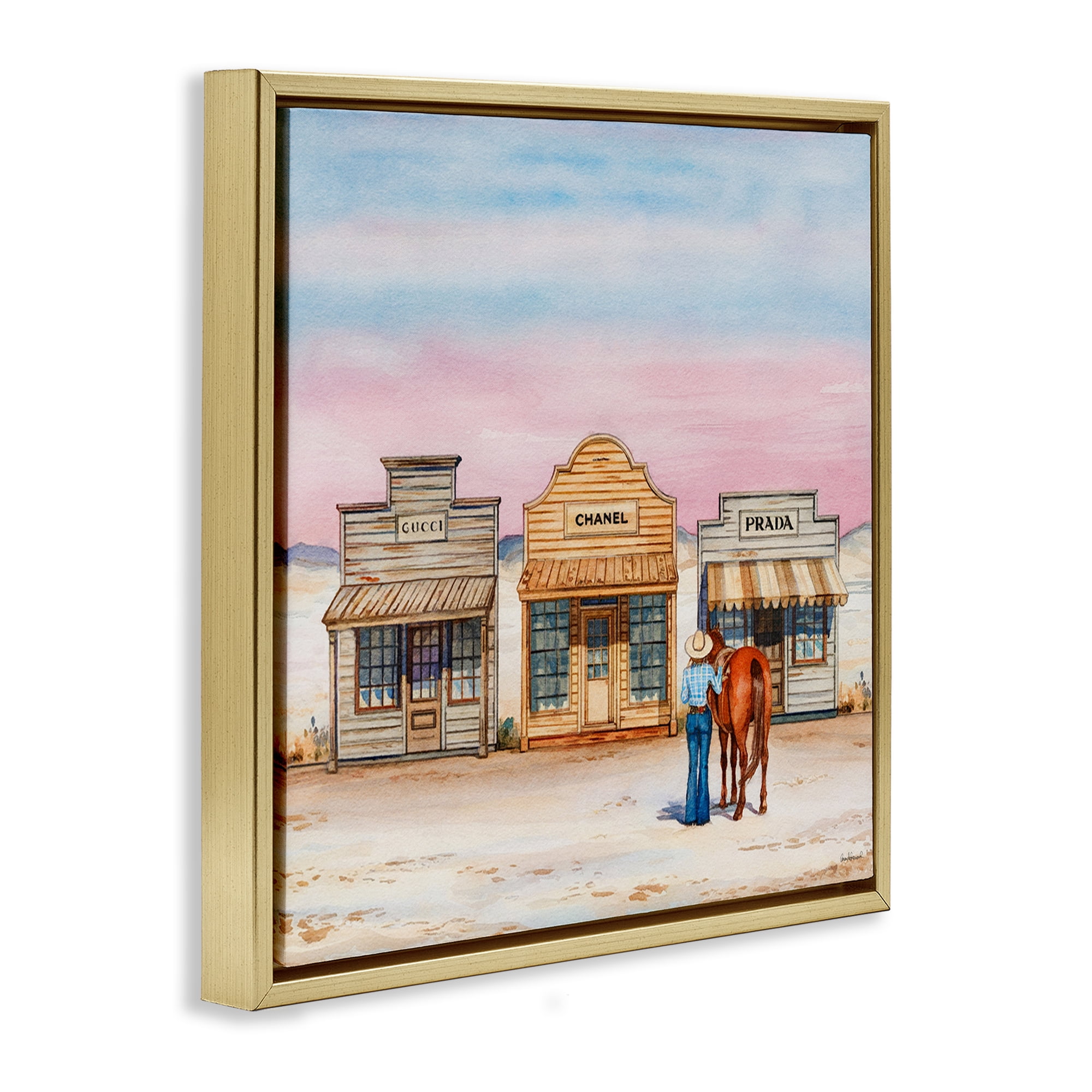 Stupell Industries Trendy Saloon Shops Cowgirl Fashion Painting Gold Floater Framed Canvas Art Print Wall Art, 18 x 18