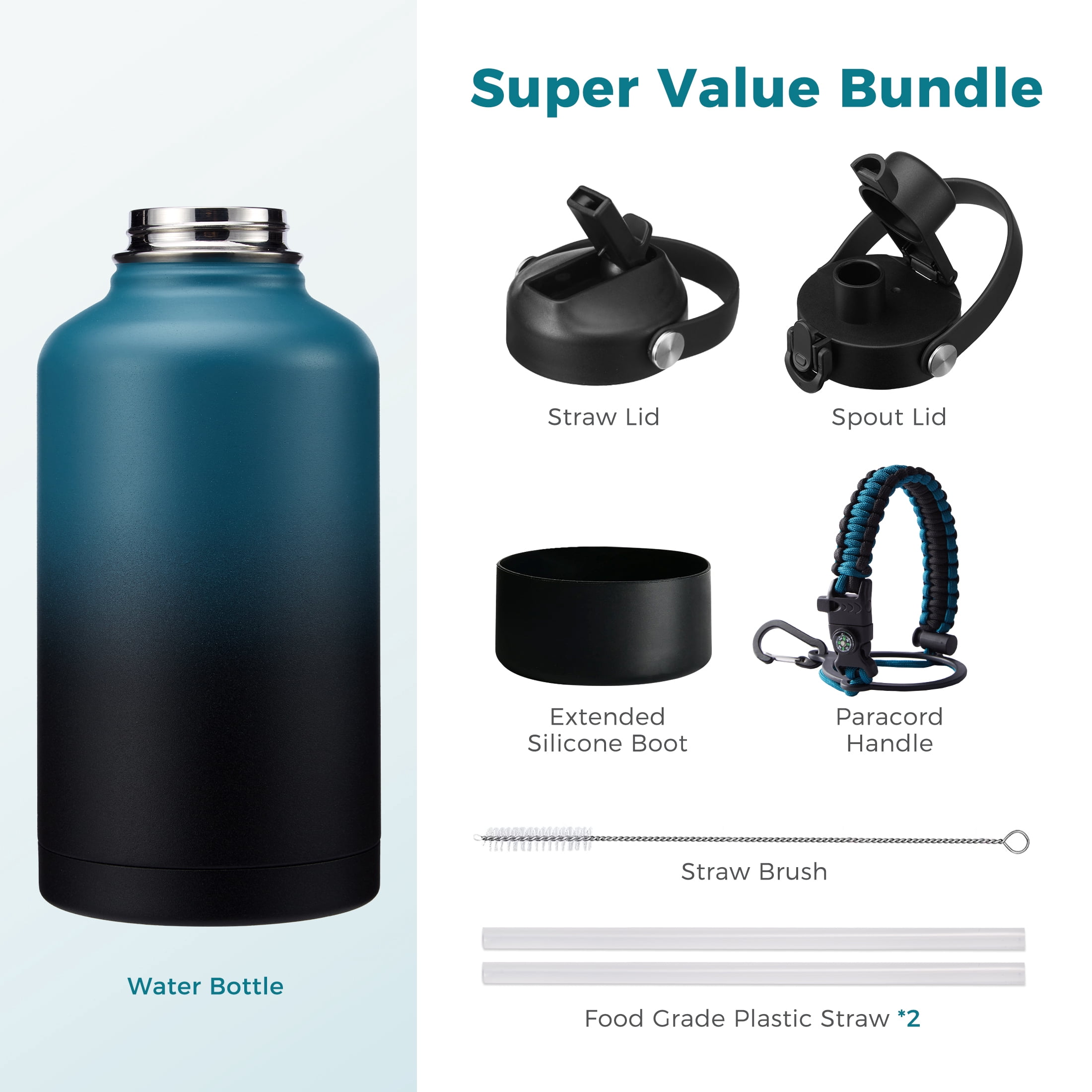 64oz Insulated Water Bottle with Straw & Spout Lids, Stainless Steel Half Gallon Jug with Paracord Handle, Leakproof, BPA-Free