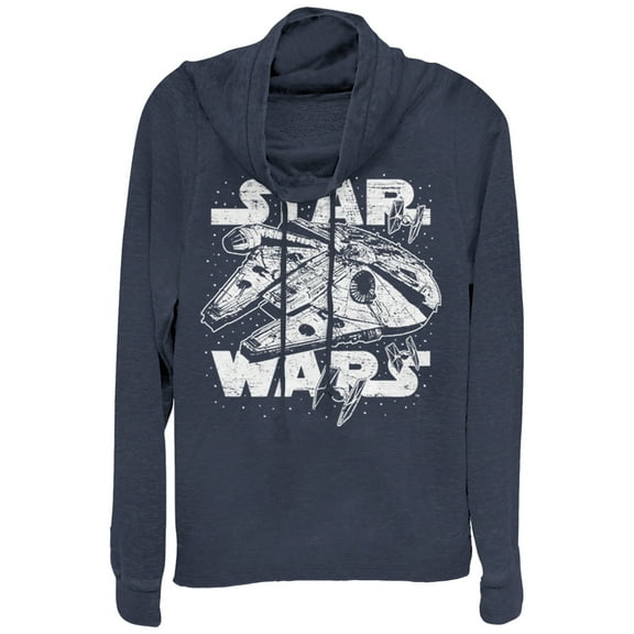Junior's Star Wars Millennium Falcon Initiate Drive  Cowl Neck Sweatshirt Navy Blue X Large