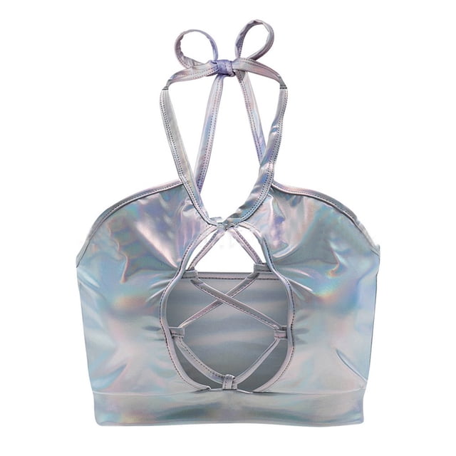Women‘s Shiny Bra Rave Bandeau Vest Bra Holographic Crop Top Backless Metallic Rave Suit