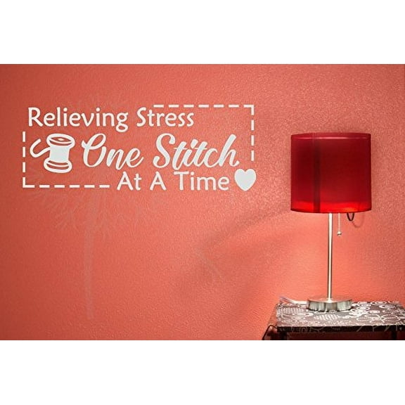 Relieving Stress One Stitch at a Time Decor Vinyl Sewing Art Quote Wall Stickers, 23x9, Light Gray