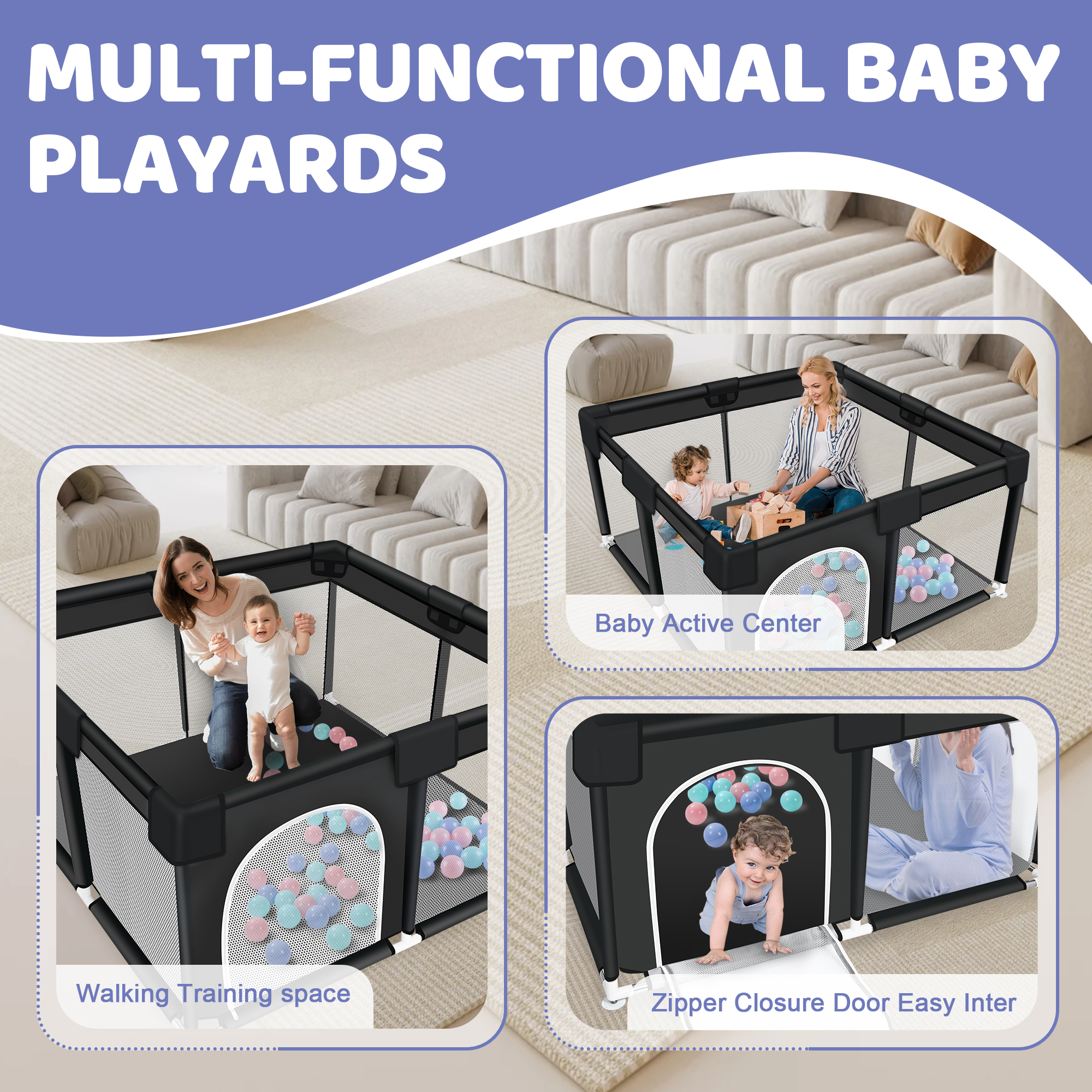 Baby Playpen, HDJ 50*50 inch Baby Play Yard with Soft Breathable Mesh and Anti-Slip Base, Baby Fence Infant Playard for Boy and Girls, Black