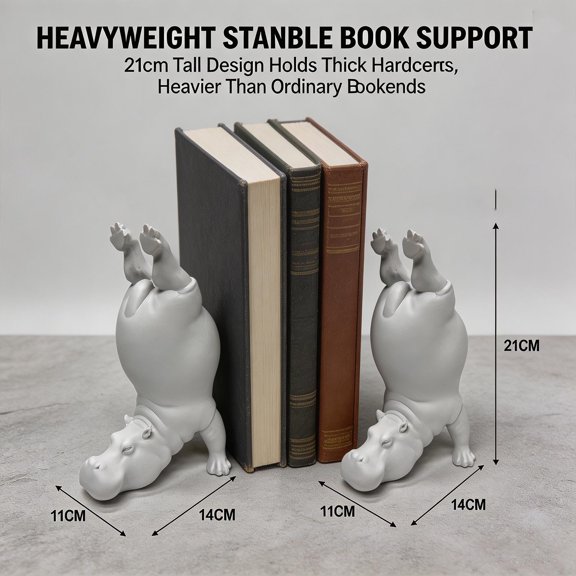 Hippo Bookends, Heavy Resin Animal Book Holders, Creative Yoga Hippo Statue — Resin Handstand Animal Figurine for Bookshelves, Desks, Offices, and Home Decor