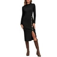 thumbnail image 3 of PrettyGuide Women's Mock Neck Sweater Dress Long Sleeve Fall Winter Ribbed Knit Bodycon Slit Midi Dress with Button, 3 of 8