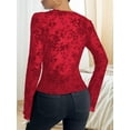 thumbnail image 6 of Women'S Floral Embroidery Mesh Lace Round Neck Long Sleeve Top Red S, 6 of 7
