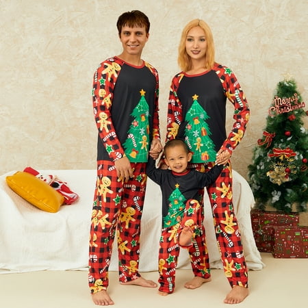 

QILINXUAN Matching Christmas Pajamas for Family Long Sleeve Tree Print Raglan Tops + Pants Set