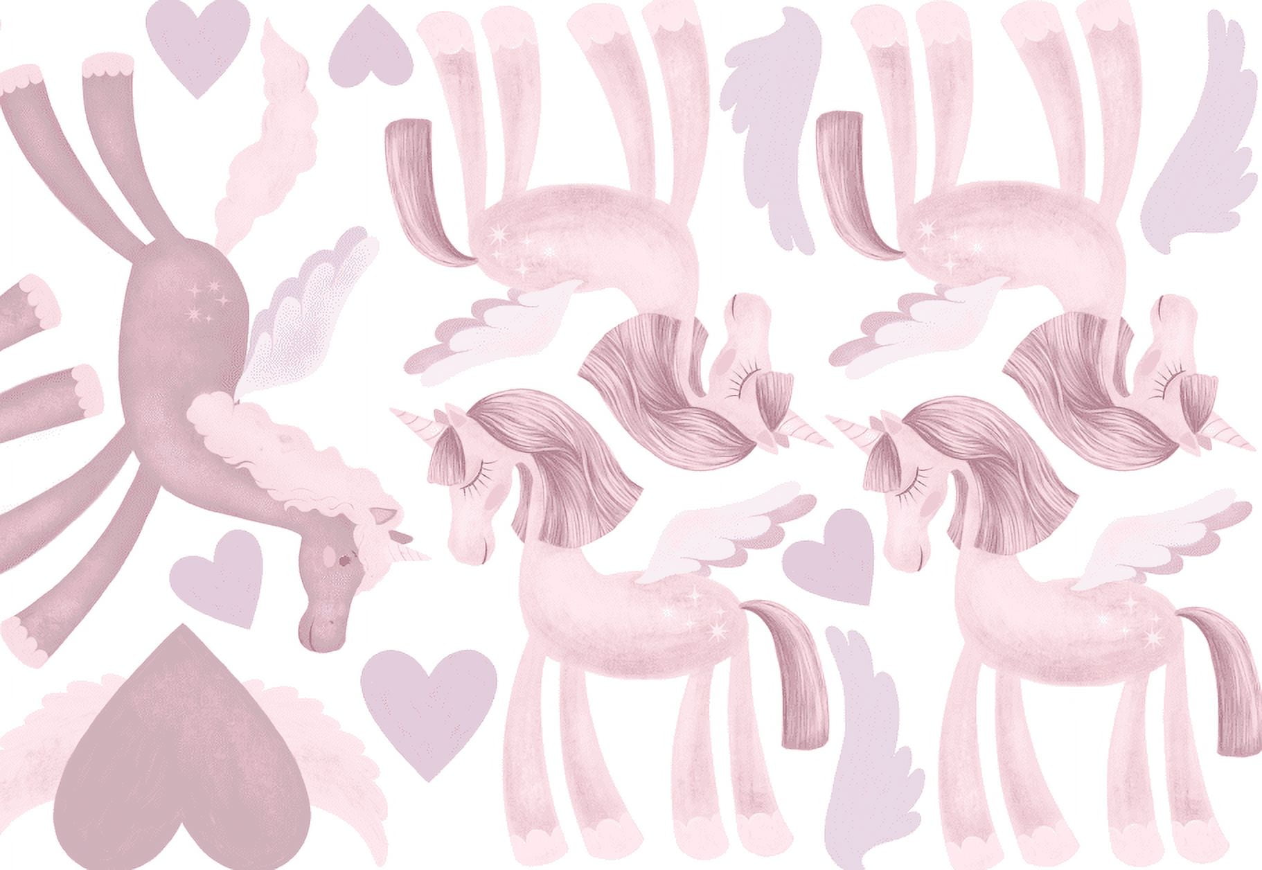 Freckled Face Pink Unicorns and Flying Hearts Vinyl Wall Decals for Children's Rooms