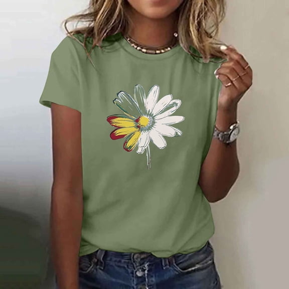 NuoCaiYun Womens Summer Tops Short Sleeve T Shirts Daisy Graphic Print Crewneck Casual Loose Fit Fashion Tunic Blouses