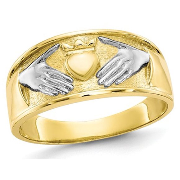 Mens 10K White and Yellow Gold Celtic Claddagh Ring