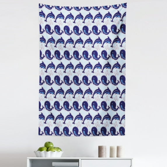 Whales Tapestry, Fun Loving Animals Dolphin and Whale Horizontally Arranged Motifs Pattern, Fabric Wall Hanging Decor for Bedroom Living Room Dorm, 5 Sizes, Indigo Pale Blue, by Ambesonne
