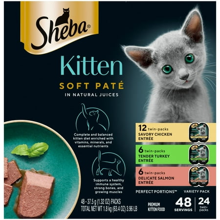 Sheba Perfect Portions Kitten Variety Flavors Pate Wet Cat Food, 2.6 oz Twin-Pack Trays (24 Pack)