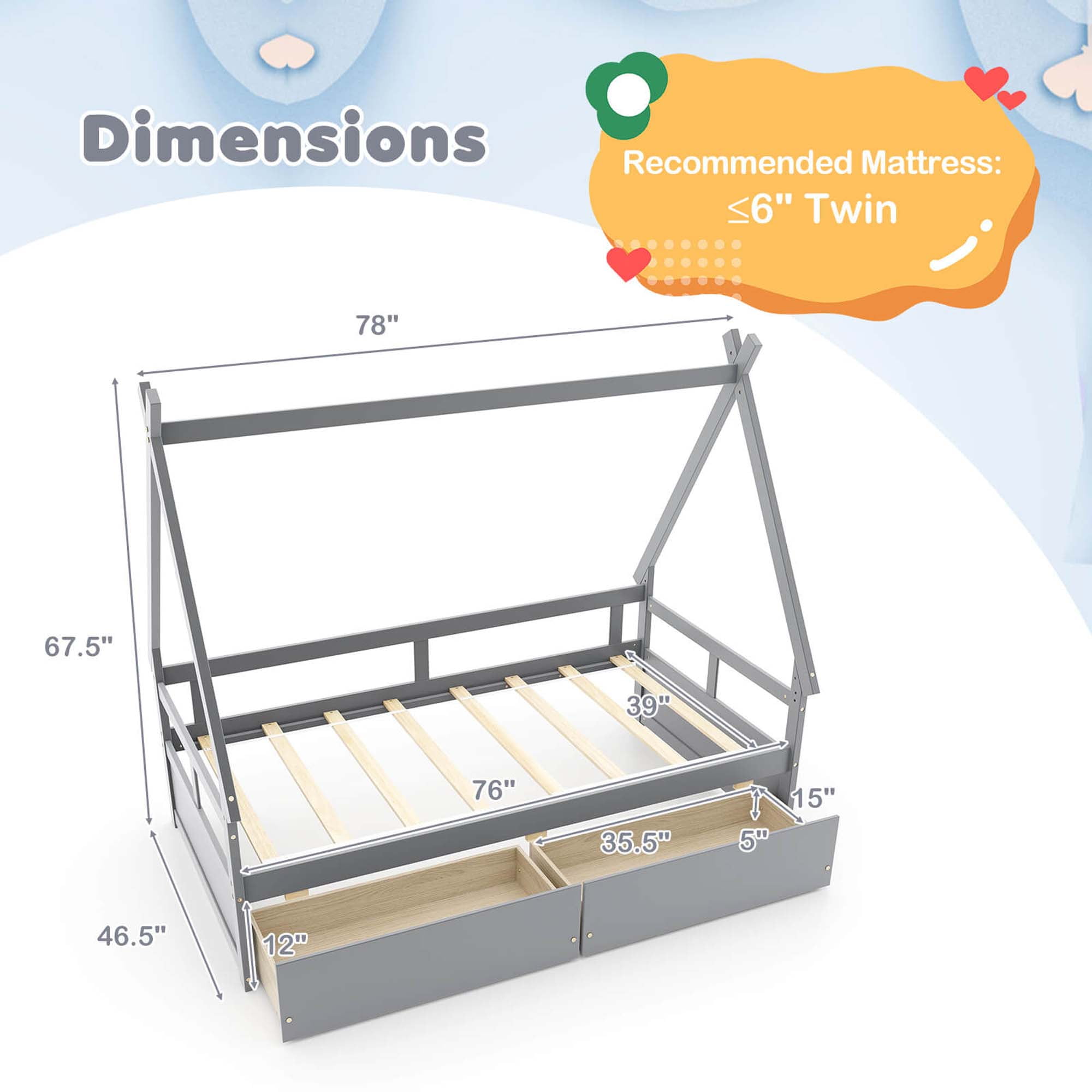 Costway Twin Size House Bed with Roof Safety Guardrail 2 Storage Drawers Wood Slat Support Gray