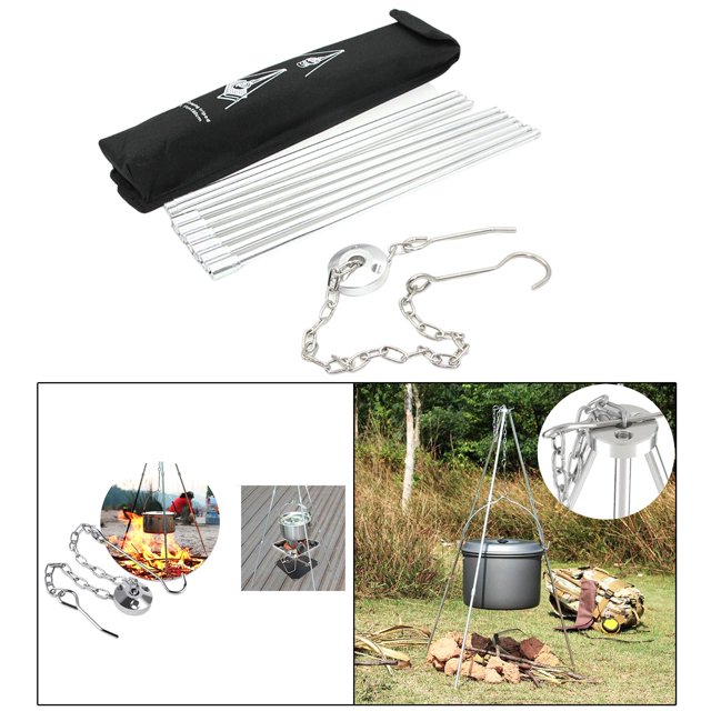 duradero para acampar con bolsa de almacenamiento, soporte triangular, olla de cocina, parrilla, utensilios de cocina para estufa colgante, Plata DYNWAVEMX Trípode de estufa