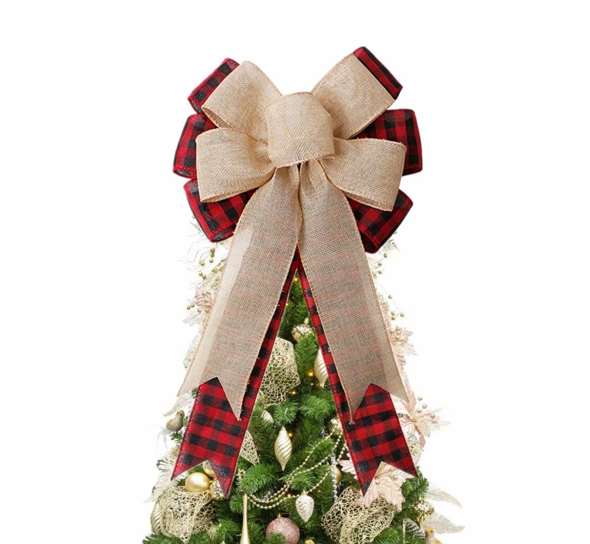 KHOYIME Christmas Tree Topper Xmas Bow Buffalo Plaid Red Black Burlap Christmas Decorations Party Room Decor Wreath Fireplace Hanging Ornaments red 1