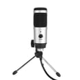 thumbnail image 1 of Micrófono de condensador USB con trípode, ideal para grabación y karaoke en línea, disponible en color plateado., 1 of 6