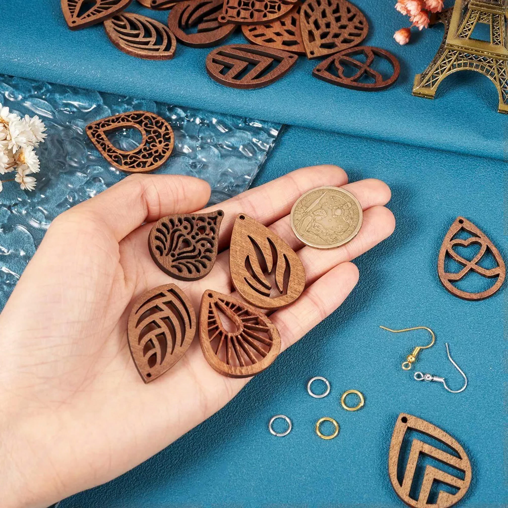 U8MO 10 Pairs Walnut Wood Laser Cut Pendants Teardrop DIY Jewelry Earring Making Kit