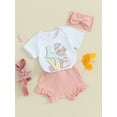 thumbnail image 4 of Yunliwuli Baby Girls Easter Shorts Sets Short Sleeve Letter Bunny Egg Print Romper Tops Ruffle PP Shorts Headband Sets, 4 of 10