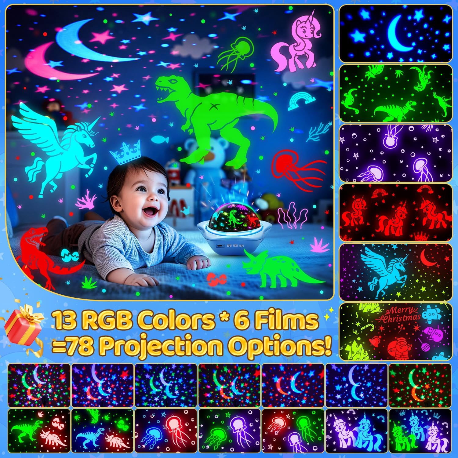 Night Light for KidsToys, 6 Films+78 Lighting Modes Star Projector,Recharable Night Light Projector,360°Rotion Star Lights for Bedroom Decor,Birthday Gifts for Kids Baby Sensory Toys Autism