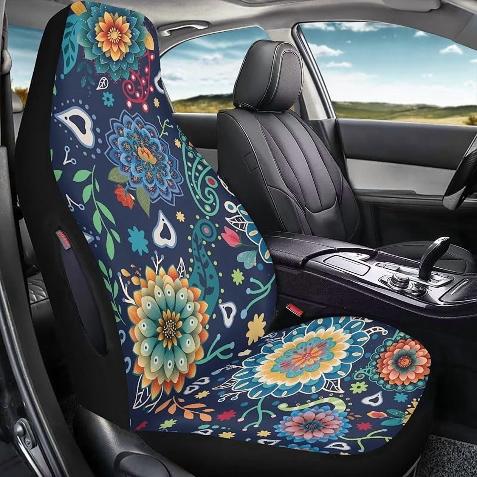 Boho Floral Blossom Car Seat Covers Front Set Lightweight Waterproof Automotive Car Interior Covers Universal Fit for Most Car Interior Covers for Sedan Truck SUV,Pack of 2