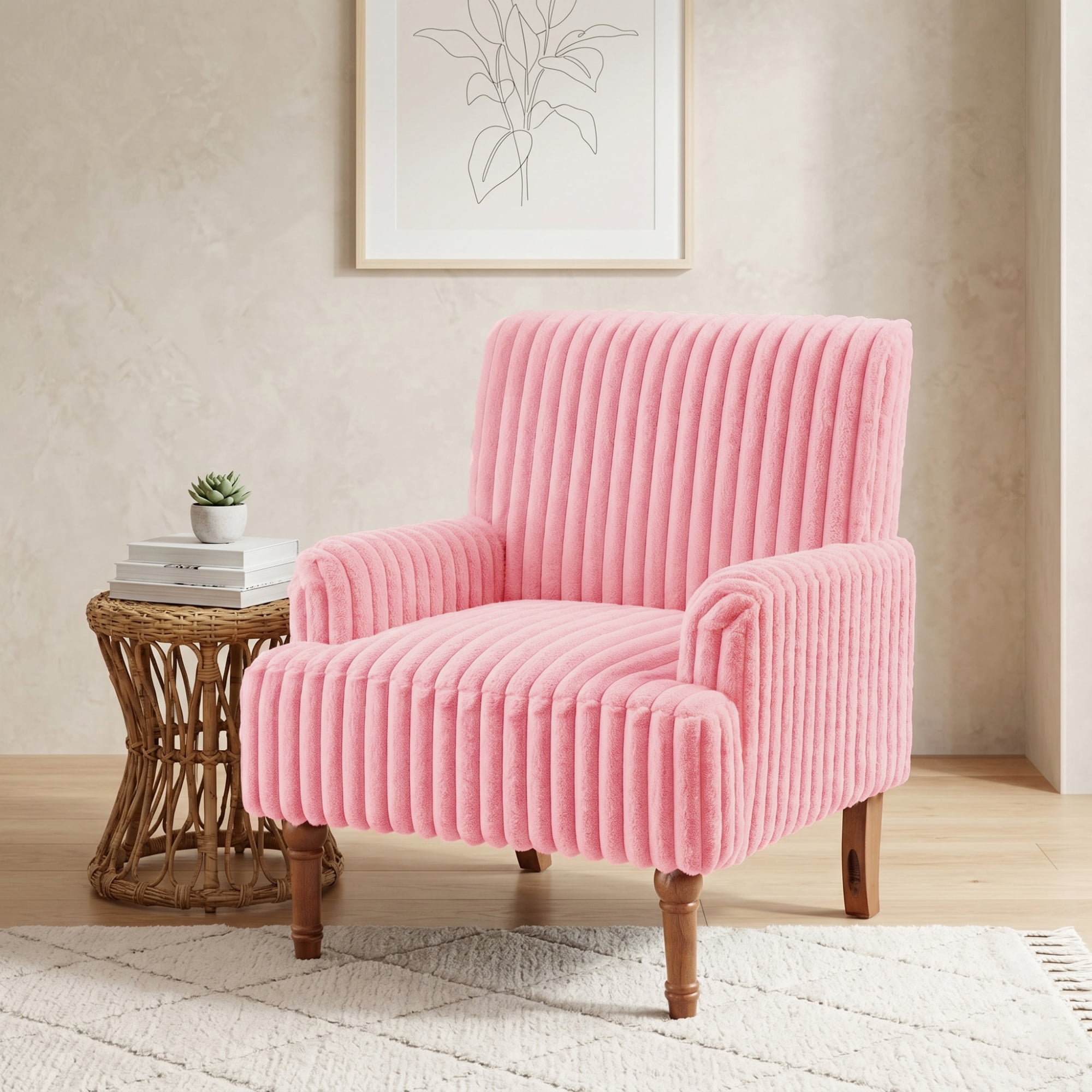 Leumius Modern Accent Chair with 9" Solid Wood Legs, Comfortable Upholstered Corduroy Armchair for Living Room Bedroom, Office Pink
