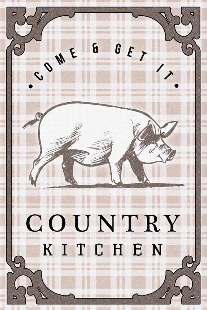 Country Kitchen, Pig on Plaid (9x12 Wall Art Print, Home Decor