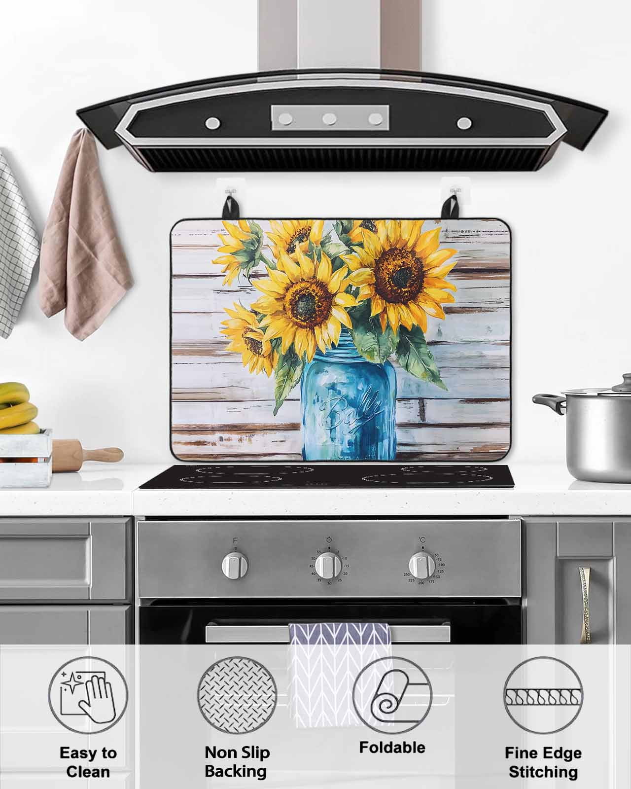 nqOlkjepod Large Induction Cooktop Protector Mat 24"x21", Sunflower Stove Top Covers for Electric Stove, Watercolor Yellow Floral Vintage Wooden Grain Stove Burner Cover Mats, Glass Top Stove Cover