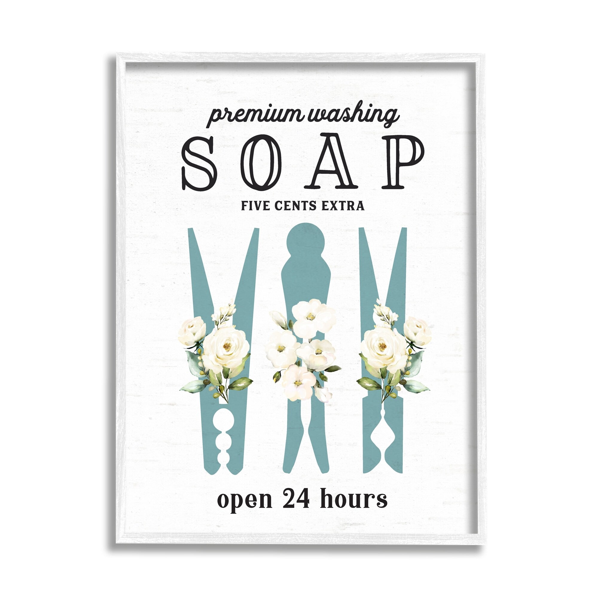 Stupell Industries Premium Soap Laundry Sign Vintage Floral Clothespins Graphic Art White Framed Art Print Wall Art, Design by Lettered and Lined