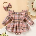 thumbnail image 2 of ZEHJUHAN Newborn Baby Girl Fall Winter Plaid Long Sleeve Buttons Outfit Ruffles Dress&Bow Headband, Pink 12-18 Months, 2 of 8
