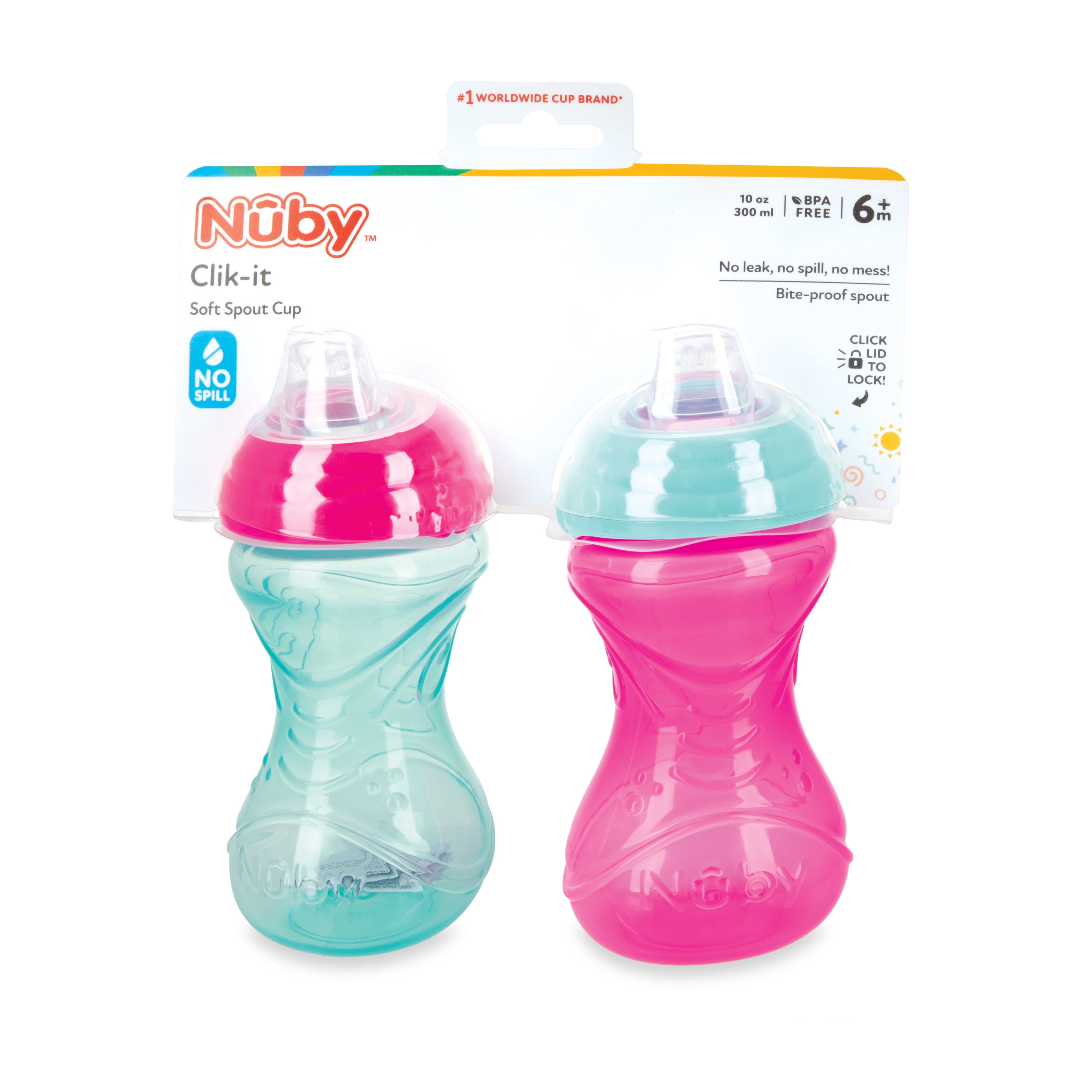 Nuby 2 Pack 10 Oz. Clik-It Cup with Silicone Spout, Pink & Aqua